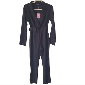 PrettyLittleThing NWT Black Lapel Belted Jumpsuit Size 4